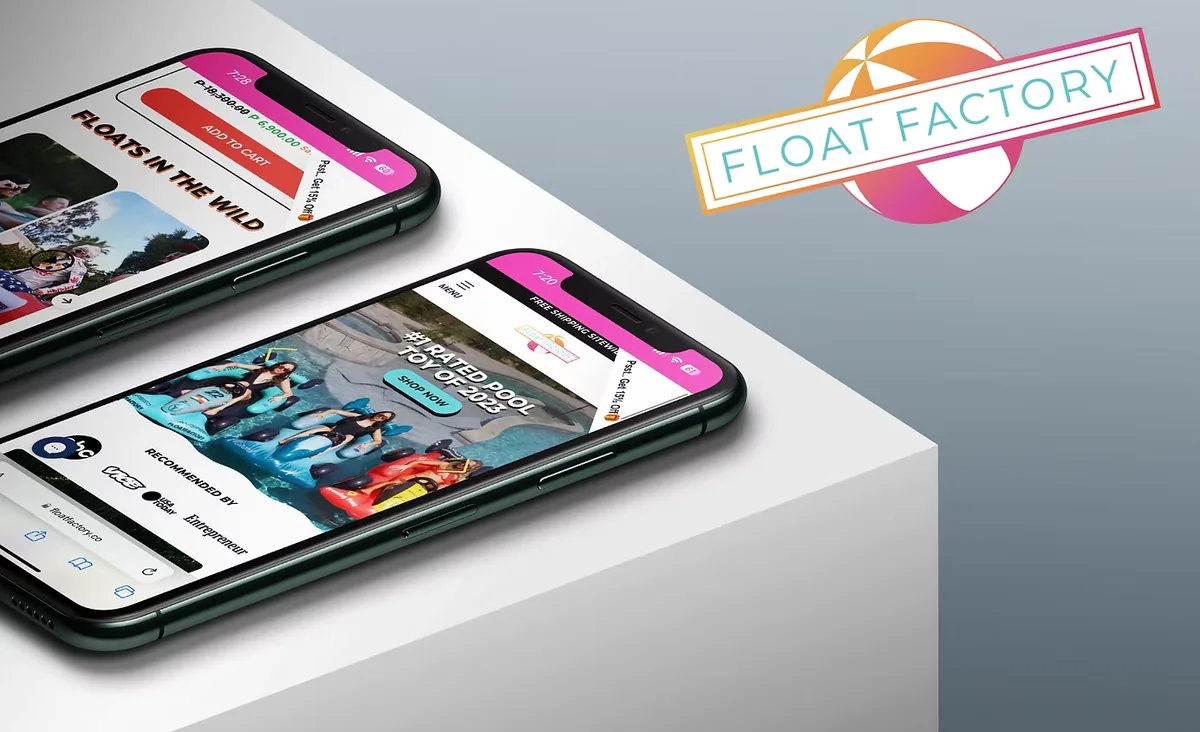 Float Factory’s online store on two phones