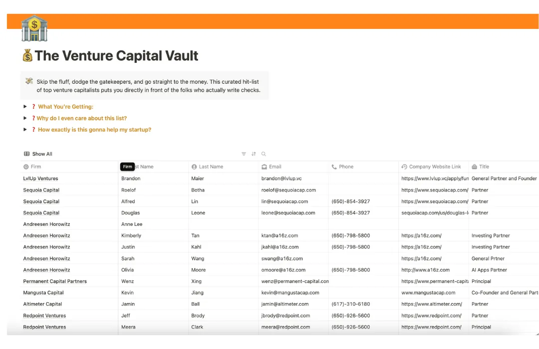 The Venture Capital Vault: a table of investors with their firms, emails and titles