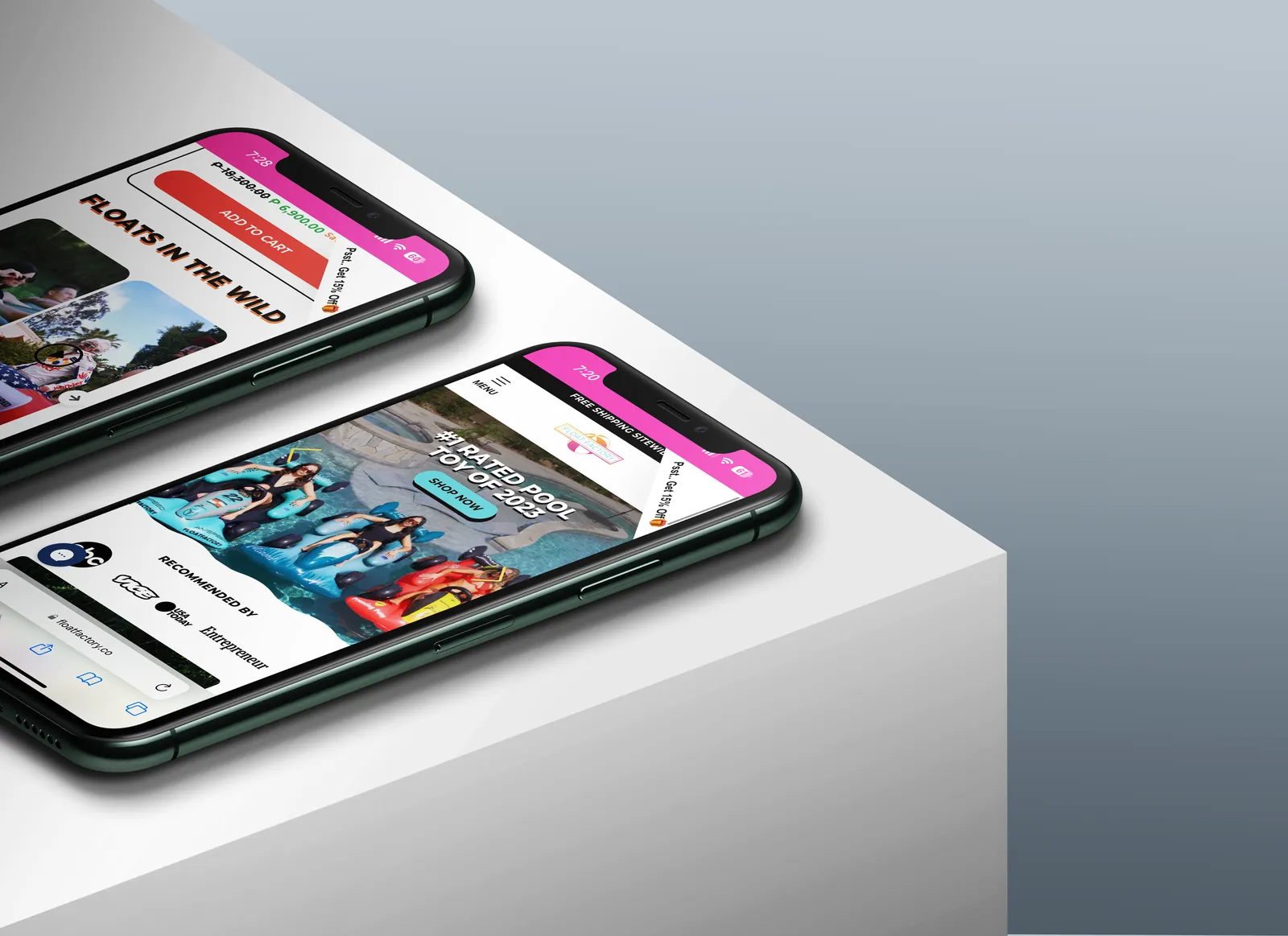 Float Factory’s new site on two phones