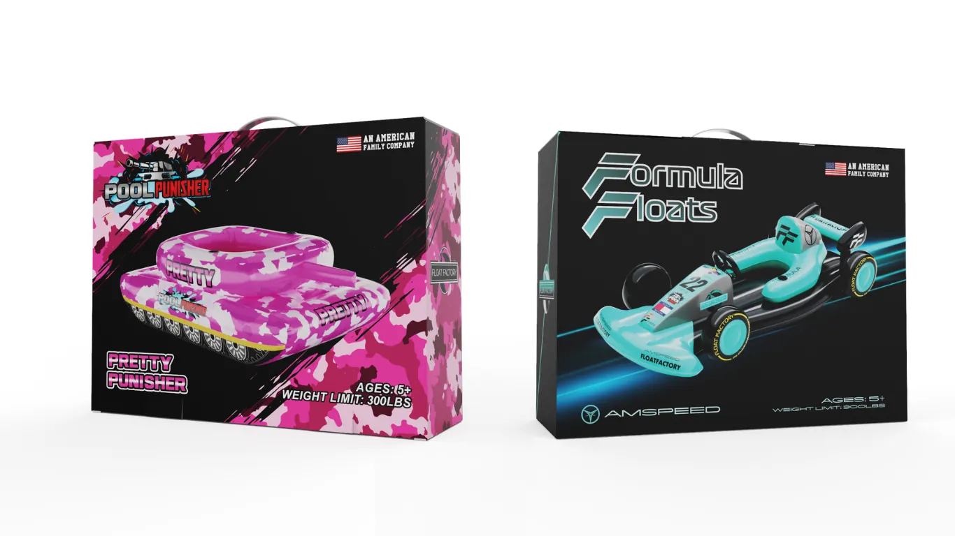 Two of Float Factory’s new product boxes